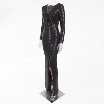 Silver Sequined Maxi Dress Black Green V Neck Evening Party Wrap Dress Stretchy Full Sleeved Long Lining Low Slit Leg